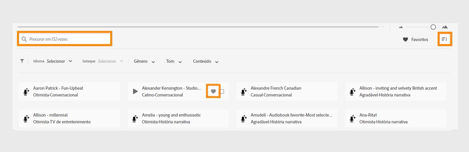 Usar as opções de pesquisa rápida, classificação e favoritos