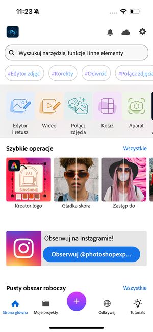 Układ szybkich operacji na ekranie głównym aplikacji Photoshop Express