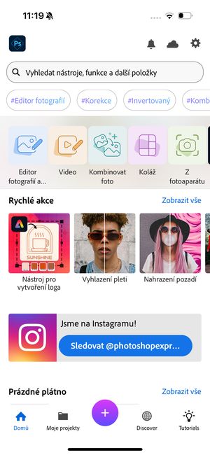 Rozvržení nabídky Rychlé akce na domovské obrazovce aplikace Photoshop Express