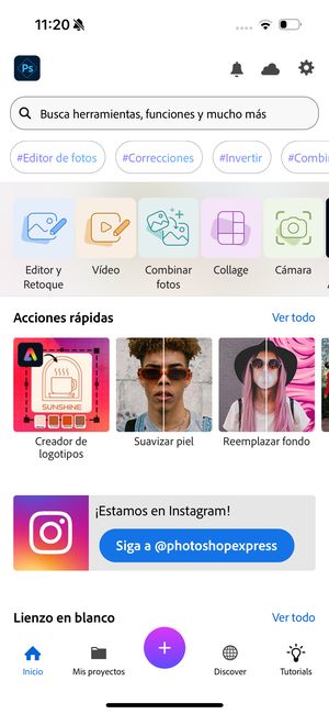 Acciones rápidas en la pantalla de inicio de Photoshop Express
