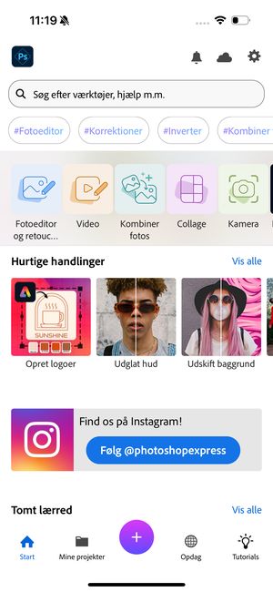 Hurtige handlinger på startskærmen i Photoshop Express