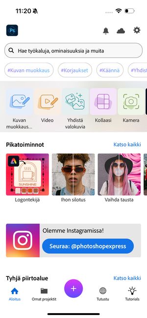 Pikatoimintojen asettelu Photoshop Expressin aloitusnäytössä