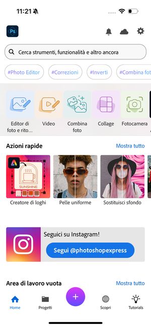 Layout delle azioni rapide nella schermata iniziale di Photoshop Express