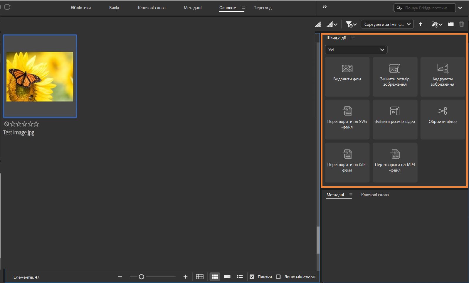 У лівій частині вікна Bridge відображається панель швидких дій із функціями, зокрема видалення фону, зміна розміру зображення, кадрування зображення тощо.