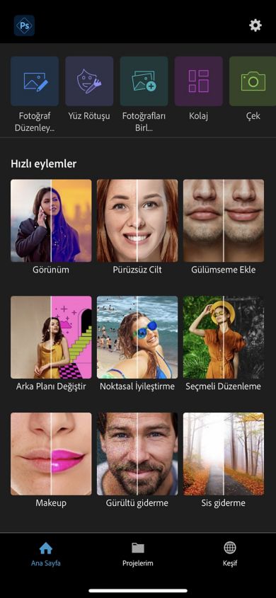 Photoshop Express ana sayfasında görünüm, pürüzsüz cilt, gülümseme ekleme, arka planı değiştirme, nokta iyileştirme, seçici düzenleme, makyaj uygulama, denoise ve deaze olmak üzere dokuz hızlı eylem gösteriliyor.