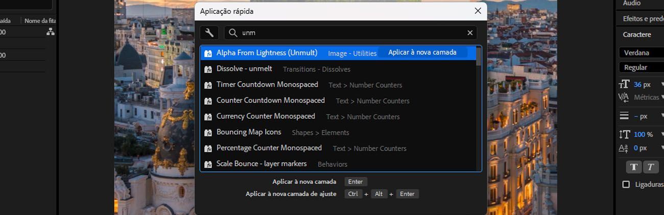 Painel Aplicação Rápida com "unm" digitado na barra de pesquisa, mostrando Alpha da Luminosidade (plug-in Unmult) e outros resultados relacionados, com instruções para pressionar Enter para aplicar.
