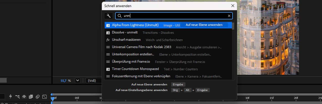 Bedienfeld „Schnell anwenden“ mit „unm“ in der Suchleiste, zeigt „Alpha aus Helligkeit (Unmult)“ und andere verwandte Ergebnisse an, mit Anweisungen, die Eingabetaste zum Anwenden zu drücken.