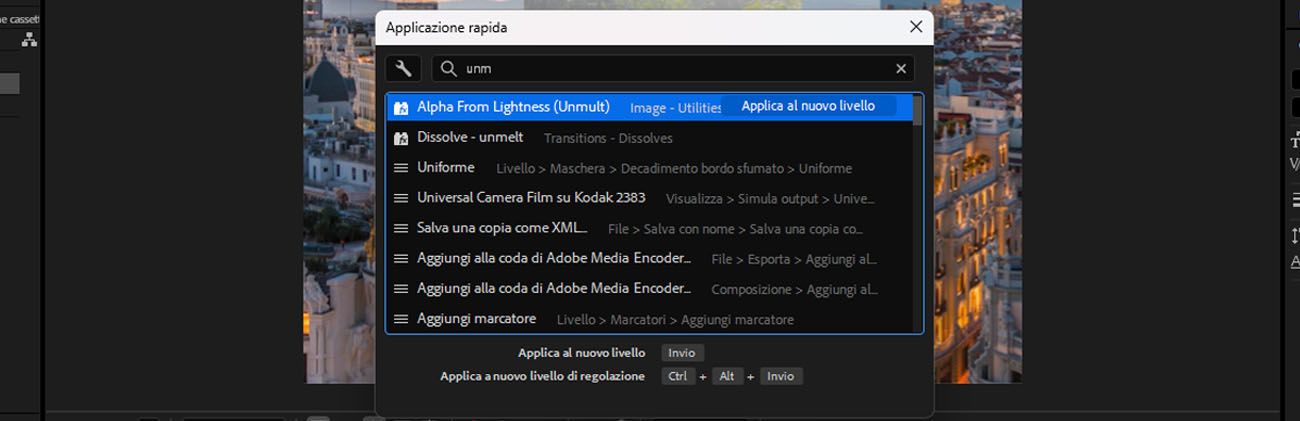 pannello Applicazione rapida con "unm" digitato nella barra di ricerca, che mostra alpha From Lightness (Unmult) e altri risultati correlati, con istruzioni per premere Invio per applicare.