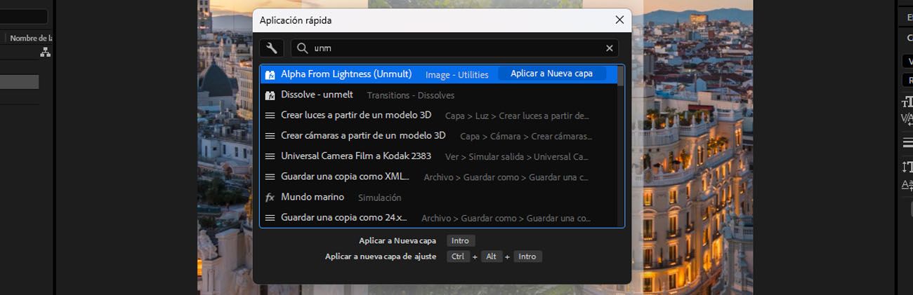 panel Aplicación rápida con "unm" escrito en la barra de búsqueda, mostrando alpha From Lightness (Unmult) y otros resultados relacionados, con instrucciones para pulsar Intro para aplicar.