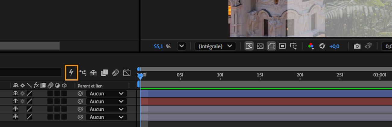 Panneau de montage d'After Effects avec l'icône éclair d'Application rapide mise en surbrillance dans la barre d'outils.