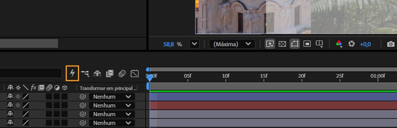 Painel Linha do tempo do After Effects com o ícone de raio da Aplicação Rápida destacado na barra de ferramentas.
