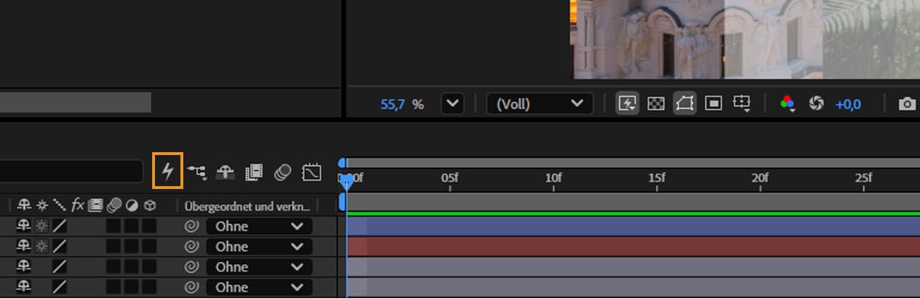 After Effects Timeline-Bedienfeld mit dem hervorgehobenen Quick Apply-Blitzsymbol in der Symbolleiste.