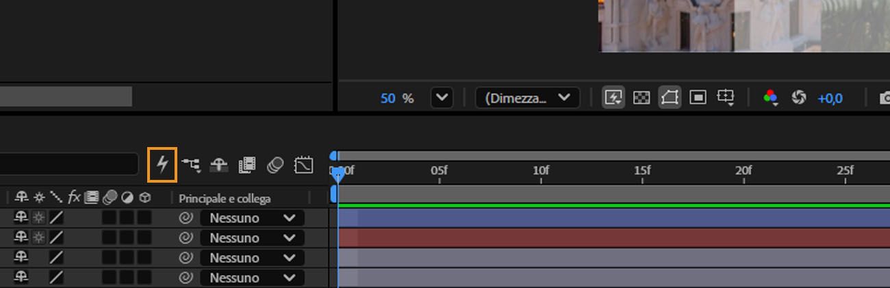 Pannello timeline di after effects con l'icona del fulmine di Applicazione rapida evidenziata nella barra degli strumenti.