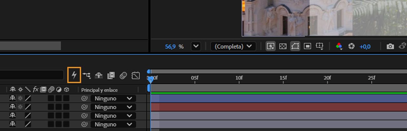 panel de cronología de after effects con el icono de rayo de aplicación rápida resaltado en la barra de herramientas.