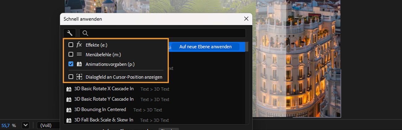 Erweiterte Schnellanwendungs-Filteroptionen, die Kontrollkästchen für Effekte (e:), Menübefehle (m:), Animationsvorgaben (p:) und „An Mausposition anzeigen“ zeigen.