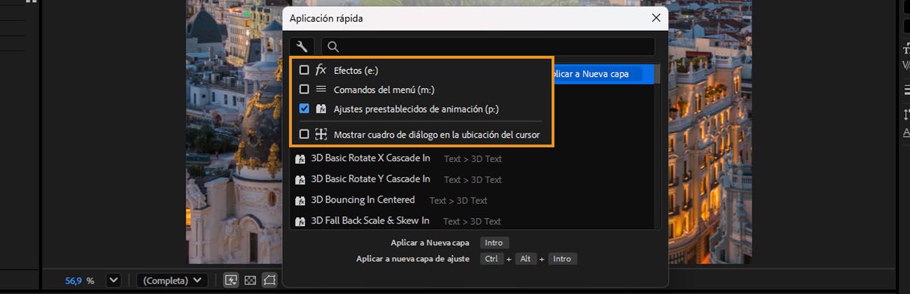 options de filtro de Aplicación rápida expandidas, mostrando casillas de verificación para Efectos (e:), Comandos de menú (m:), Ajustes preestablecidos de animación (p:) y expandir en ubicación del ratón.