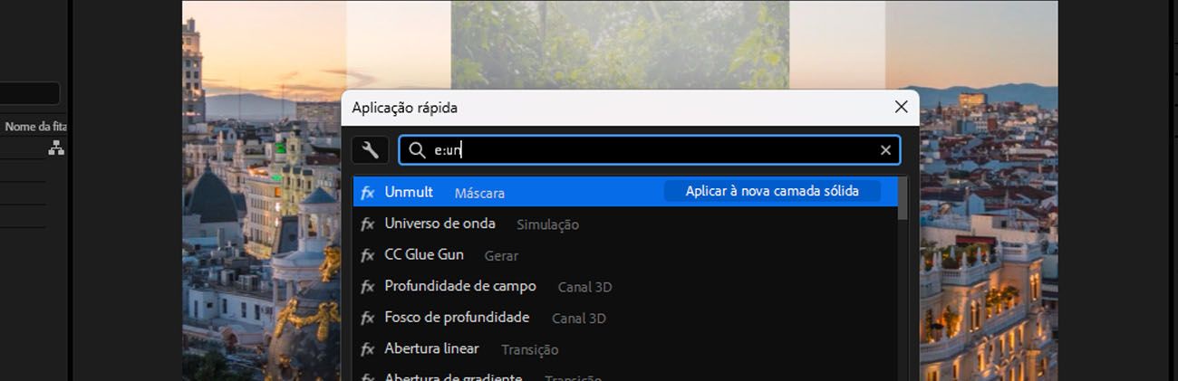 Painel de Aplicação Rápida no After Effects com e:un digitado no campo de pesquisa, exibindo efeitos que correspondem ao termo de pesquisa.