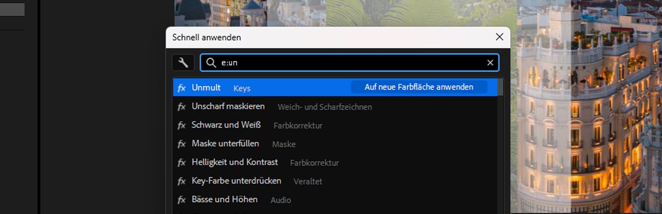 Schnell anwenden-Bedienfeld in After Effects mit e:un im Suchfeld eingegeben, das Effekte anzeigt, die dem Suchbegriff entsprechen.