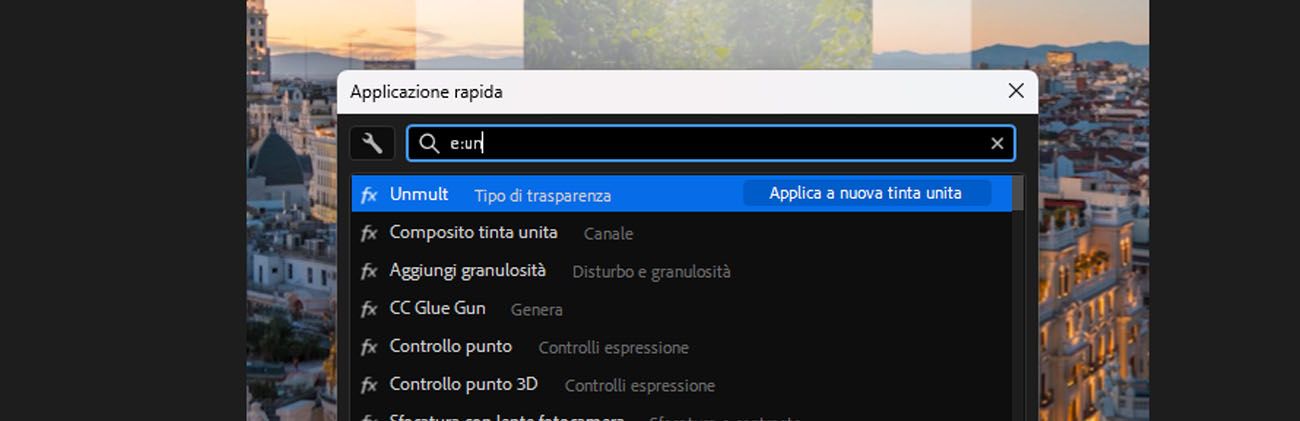 pannello Applicazione rapida in after effects con e:un digitato nel campo di ricerca, che visualizza gli effetti che corrispondono al termine di ricerca.