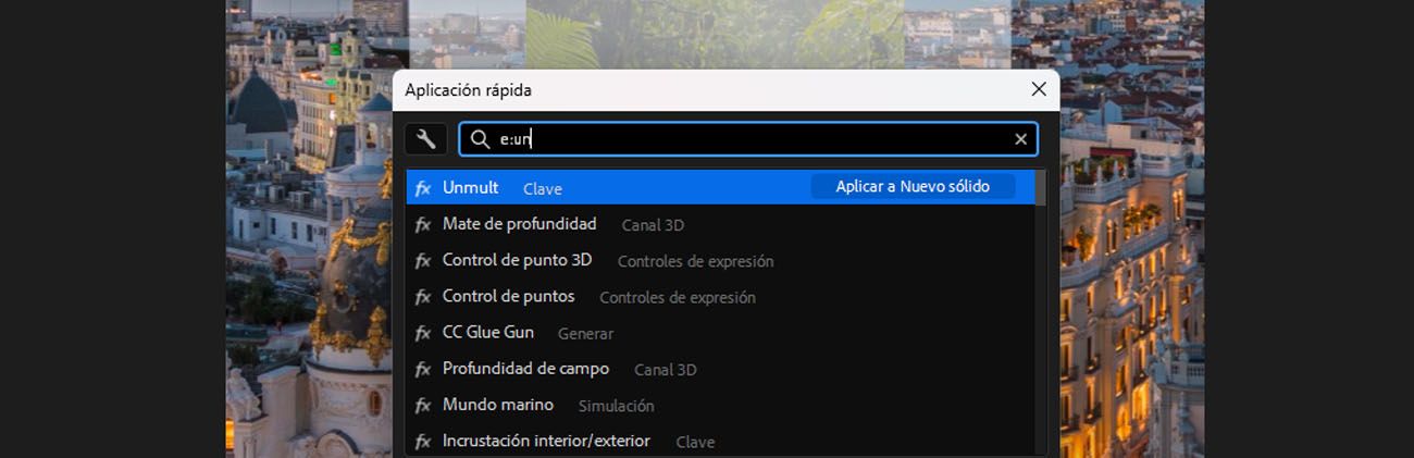 panel Aplicación rápida en after effects con e:un escrito en el campo de búsqueda, mostrando efectos que coinciden con el término de búsqueda.
