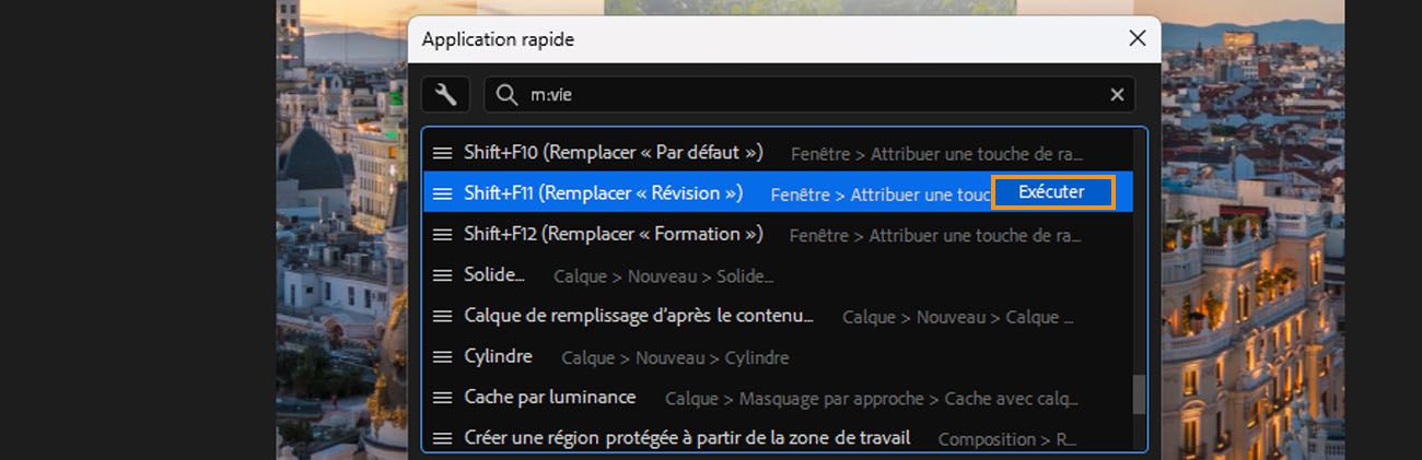 Panneau Application rapide d'After Effects ouvert avec « m:view » saisi dans la barre de recherche, affichant les résultats des commandes de menu sous les options Affichage, avec un bouton Exécuter mis en surbrillance.