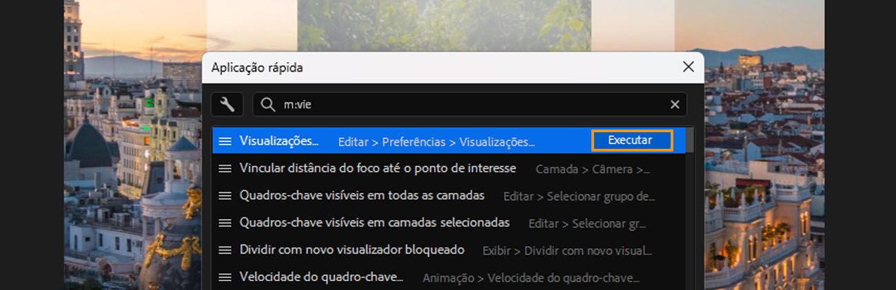 Painel de Aplicação Rápida do After Effects aberto com "m:visualização" digitado na barra de pesquisa, mostrando resultados de comandos de menu nas Opções de Visualização, com um botão Executar destacado.