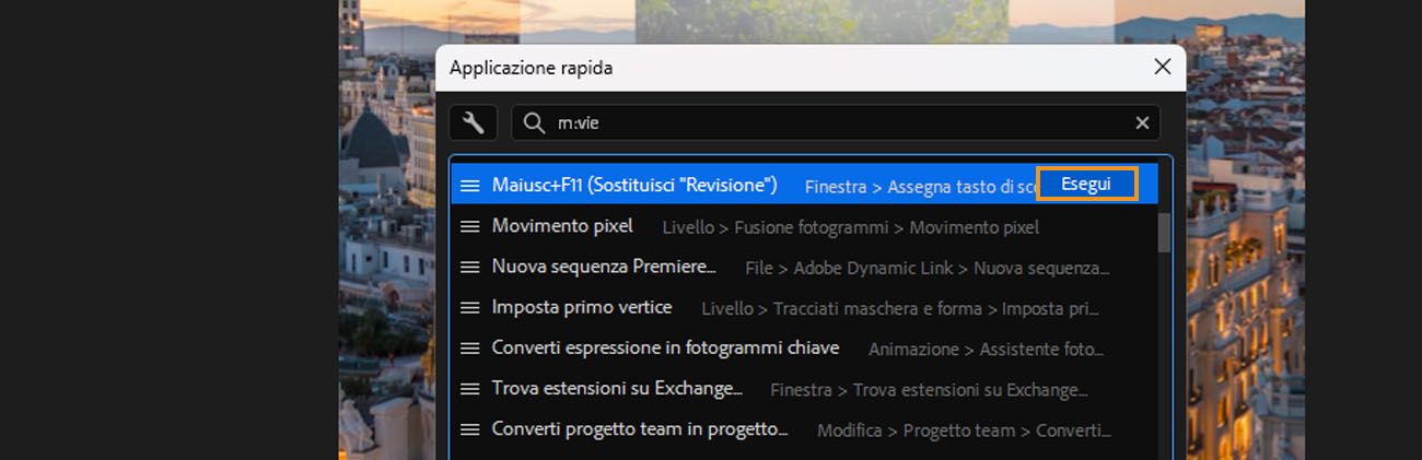 pannello Applicazione rapida di after effects aperto con "m:view" digitato nella barra di ricerca, che mostra i risultati dei comandi menu sotto le options Visualizza, con un pulsante Esegui evidenziato.