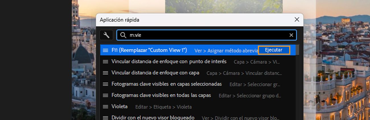 panel Aplicación rápida de after effects abierto con "m:view" escrito en la barra de búsqueda, mostrando resultados de comandos de menú bajo las options de Vista, con un botón Ejecutar resaltado.