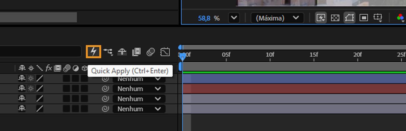 Painel da linha do tempo do After Effects com o ícone de raio do Quick Apply destacado na Barra de ferramentas.