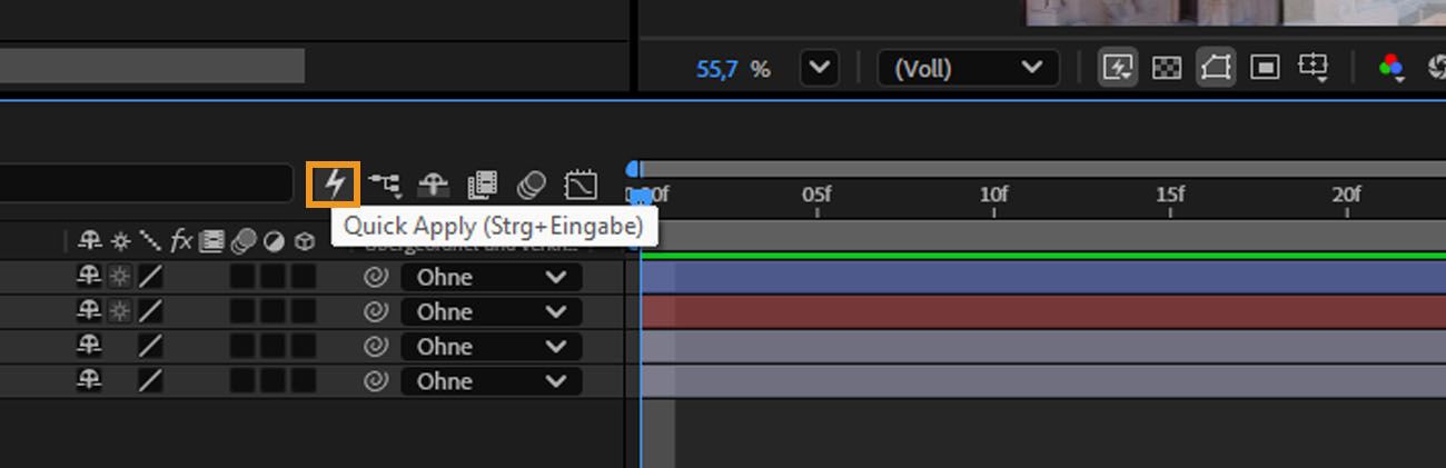 After Effects Timeline-Bedienfeld mit dem hervorgehobenen Quick Apply-Blitzsymbol in der Symbolleiste.