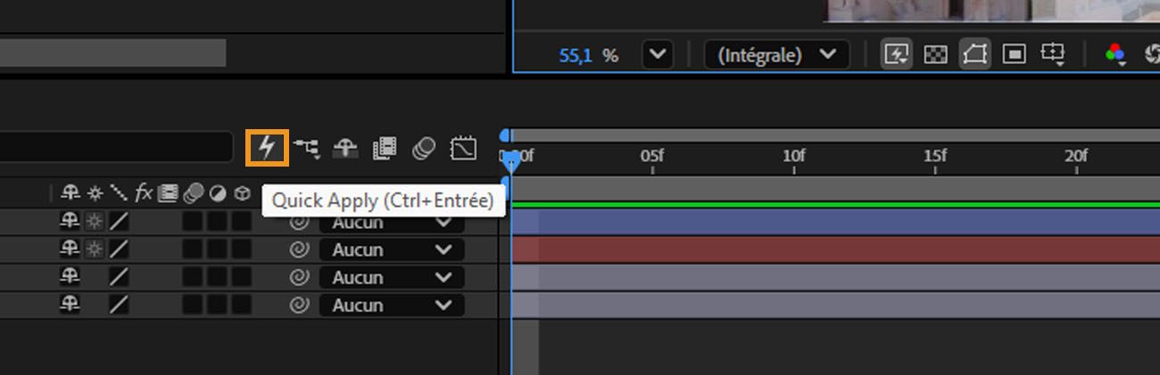 Panneau de montage d'After Effects avec l'icône éclair d'Application rapide mise en surbrillance dans la barre d'outils.