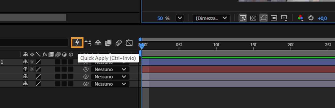 Pannello timeline di After Effects con l'icona del fulmine di Applicazione rapida evidenziata nella barra degli strumenti.