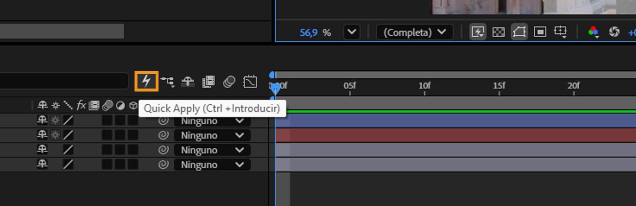 El panel Cronología de After Effects con el icono de rayo de Aplicación rápida resaltado en la barra de herramientas.