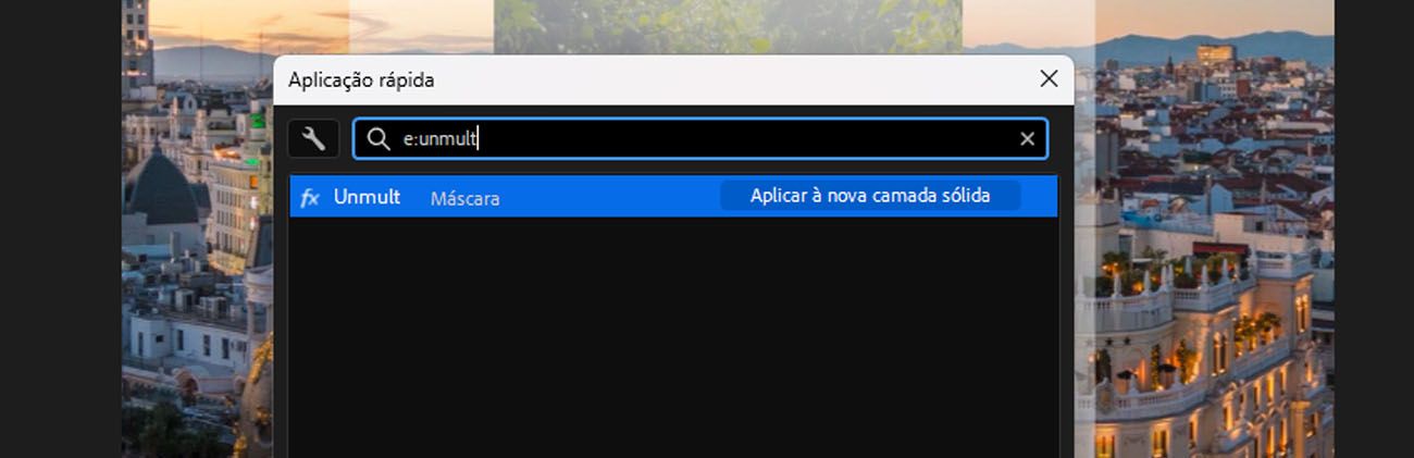 Painel Aplicação rápida no After Effects com e:un digitado no campo de pesquisa, exibindo efeitos que combinam com o termo de pesquisa.