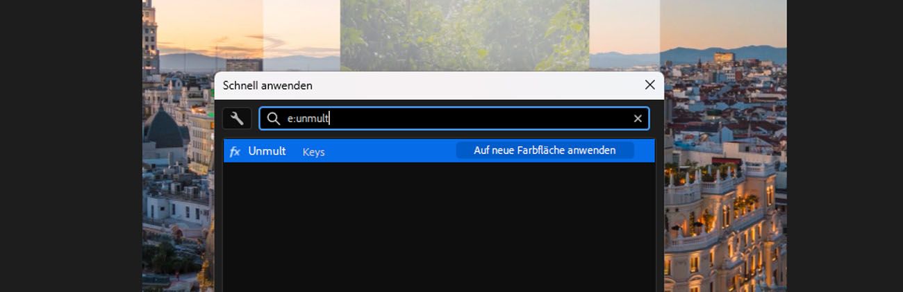 Schnell anwenden-Bedienfeld in After Effects mit e:un im Suchfeld eingegeben, das Effekte anzeigt, die dem Suchbegriff entsprechen.