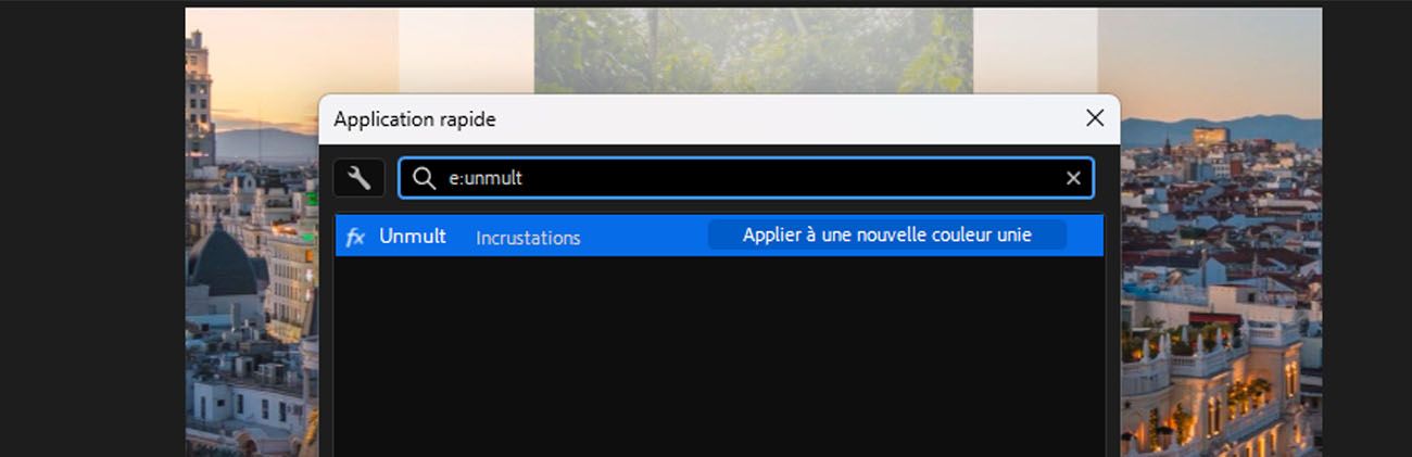 Panneau Application rapide dans After Effects avec e:un saisi dans le champ de recherche, affichant les effets qui correspondent au terme de recherche.