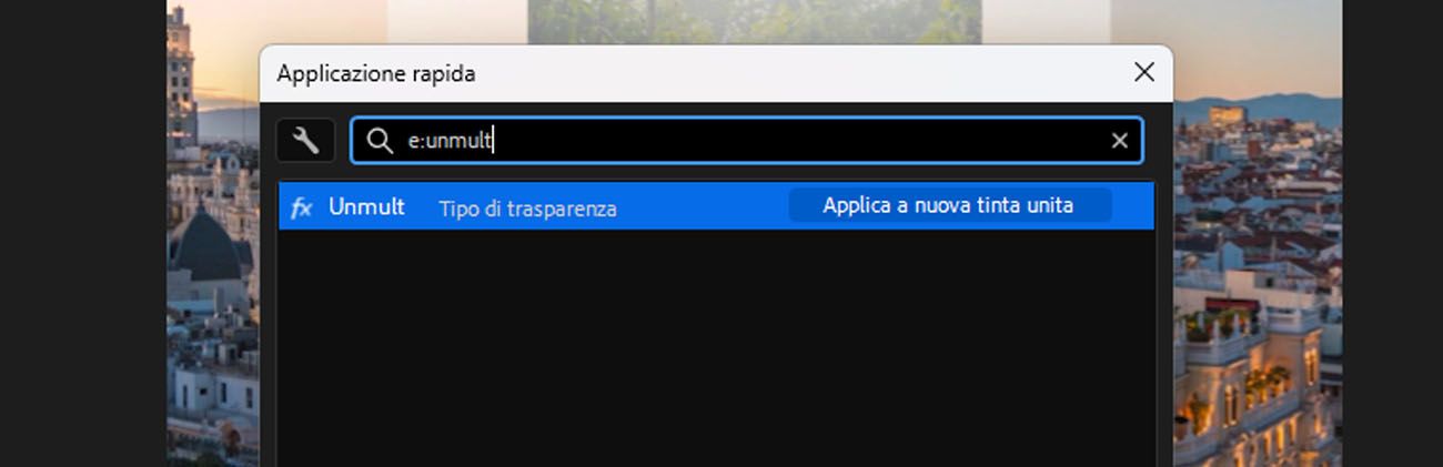 Pannello Applicazione rapida in After Effects con e:un digitato nel campo di ricerca, che visualizza gli effetti che corrispondono al termine di ricerca.