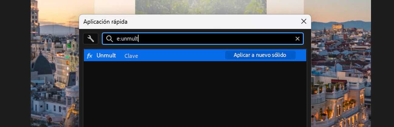 El panel Aplicación rápida en After Effects con e:un escrito en el campo de búsqueda, que muestra los efectos que coinciden con el término de búsqueda.