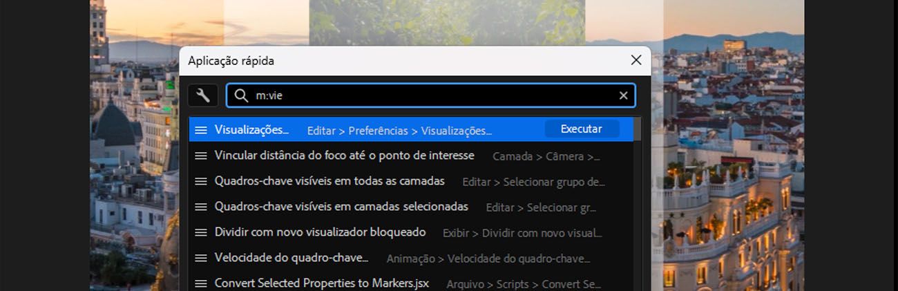 O painel Quick Apply do After Effects é aberto com “m:view” digitado na barra de pesquisa, mostrando os resultados dos comandos de menu em Opções de visualização, com o botão Executar destacado.