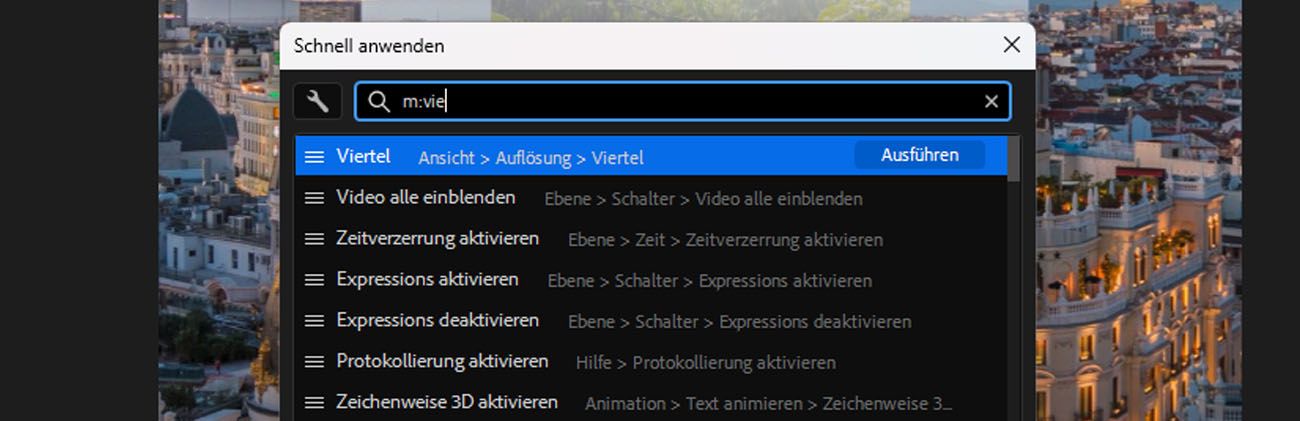 Das After Effects-Bedienfeld „Schnell anwenden“ ist geöffnet und „m:view“ ist in der Suchleiste eingegeben. Ergebnisse für Menübefehle werden unter den Ansichtsoptionen angezeigt und die Schaltfläche „Ausführen“ ist hervorgehoben.