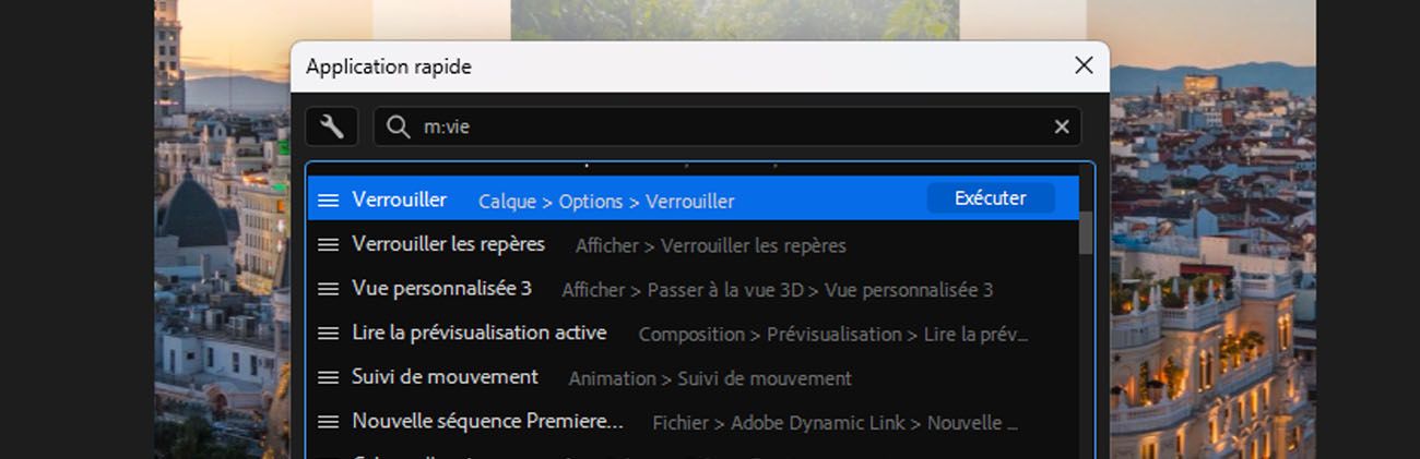 Panneau Application rapide d'After Effects ouvert avec « m:view » saisi dans la barre de recherche, affichant les résultats des commandes de menu sous les options Affichage, avec un bouton Exécuter mis en surbrillance.