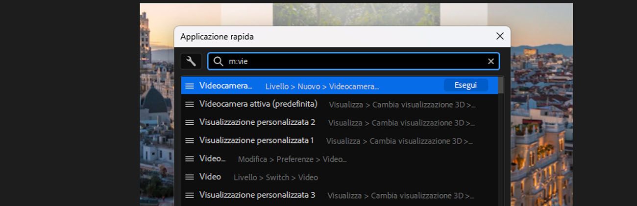 Pannello Applicazione rapida di After Effects aperto con “m:vista” digitato nella barra di ricerca, che mostra i risultati dei comandi menu sotto le opzioni Vista, con un pulsante Esegui evidenziato.