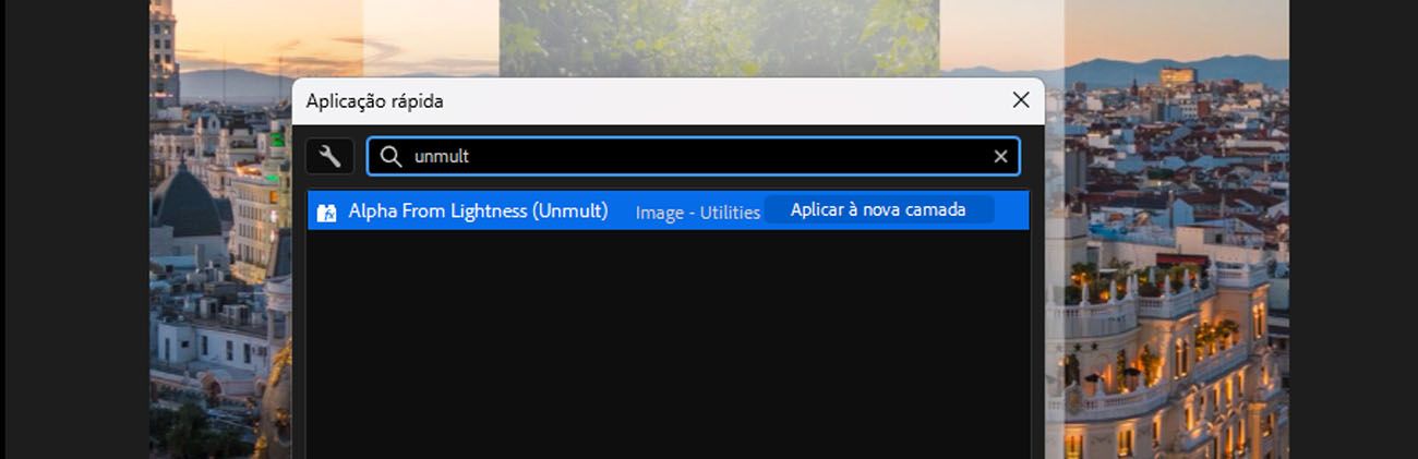 Painel Quick Apply com “unm” digitado na barra de pesquisa, mostrando Alpha From Lightness (Unmult) e outros resultados relacionados, com instruções para pressionar Enter para aplicar.