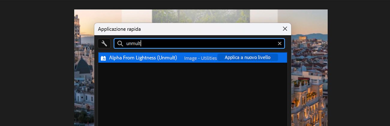 Pannello Applicazione rapida con “unm” digitato nella barra di ricerca, che mostra Alpha From Lightness (Unmult) e altri risultati correlati, con istruzioni per premere Invio per applicare.