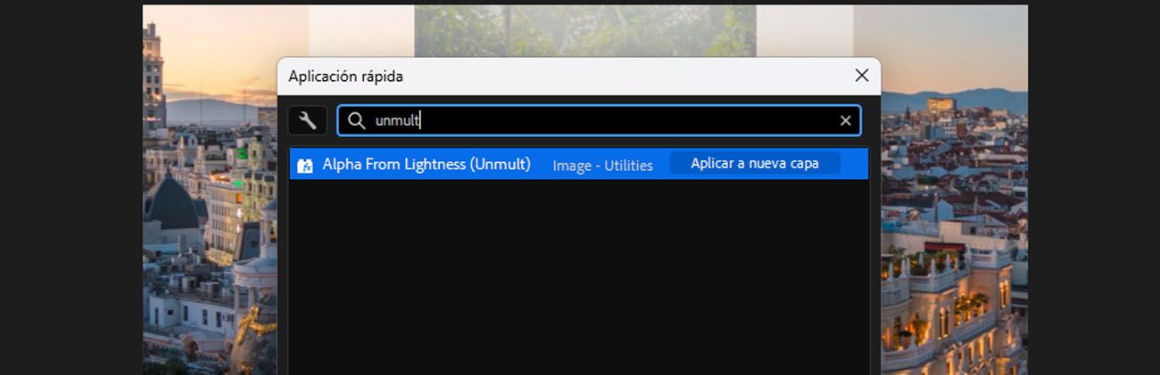 El panel Aplicación rápida con “unm” escrito en la barra de búsqueda, en el que se muestran Alfa a partir de luminosidad (Unmult) y otros resultados relacionados, con instrucciones para pulsar Intro y aplicar el ajuste.