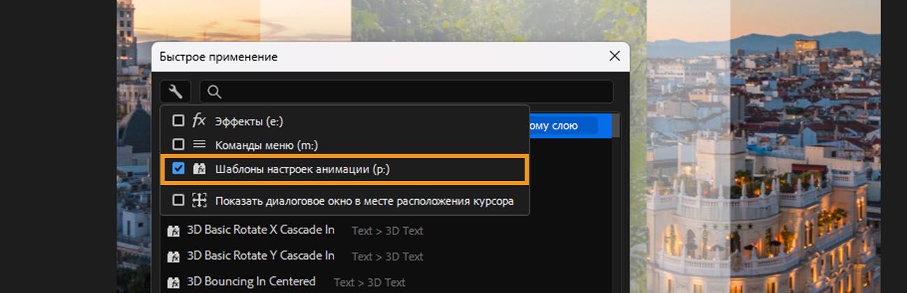 Развернутые параметры фильтра «Быстрое применение», показывающие флажки для «Эффекты» (e:), «Команды меню» (m:), «Шаблоны настроек анимации» (p:) и «Показать в месте расположения мыши».