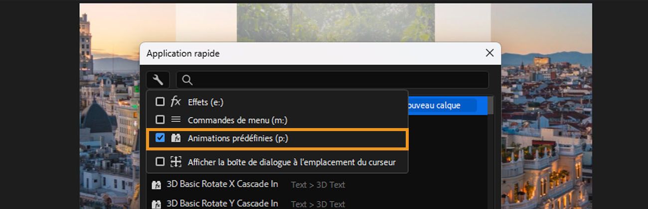 Options de filtre d’Application rapide développées, affichant les cases à cocher pour Effets (e:), Commandes de menu (m:), Paramètres prédéfinis d’animation (p:) et Afficher à l’emplacement de la souris.