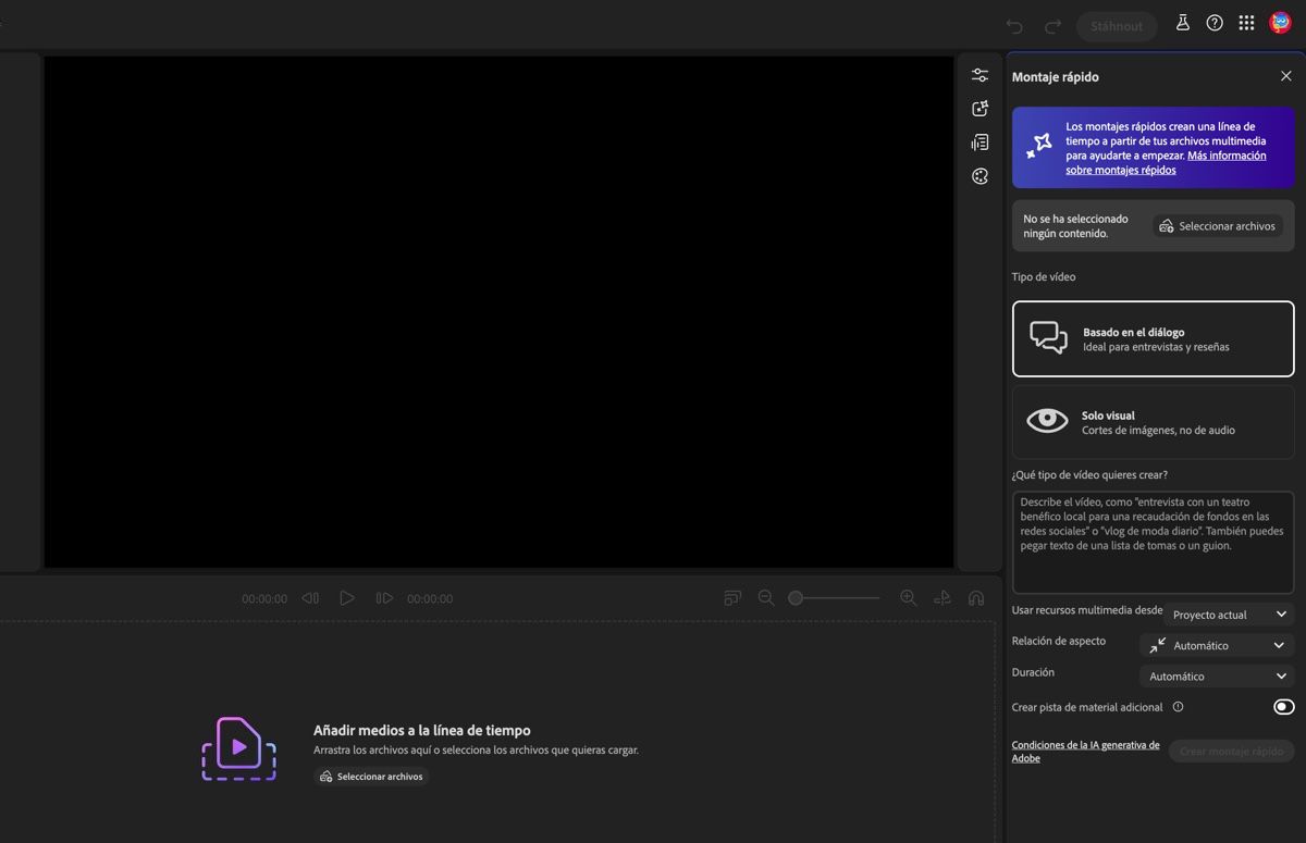 El Asistente del editor de vídeo de Firefly está abierto y ofrece opciones para especificar la configuración de generación del corte preliminar, así como para añadir una indicación.