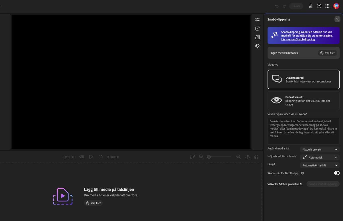 Firefly-videoredigerarens assistent är öppen och det finns alternativ för att specificera inställningar för generering av en grovklippt version och lägga till en prompt.