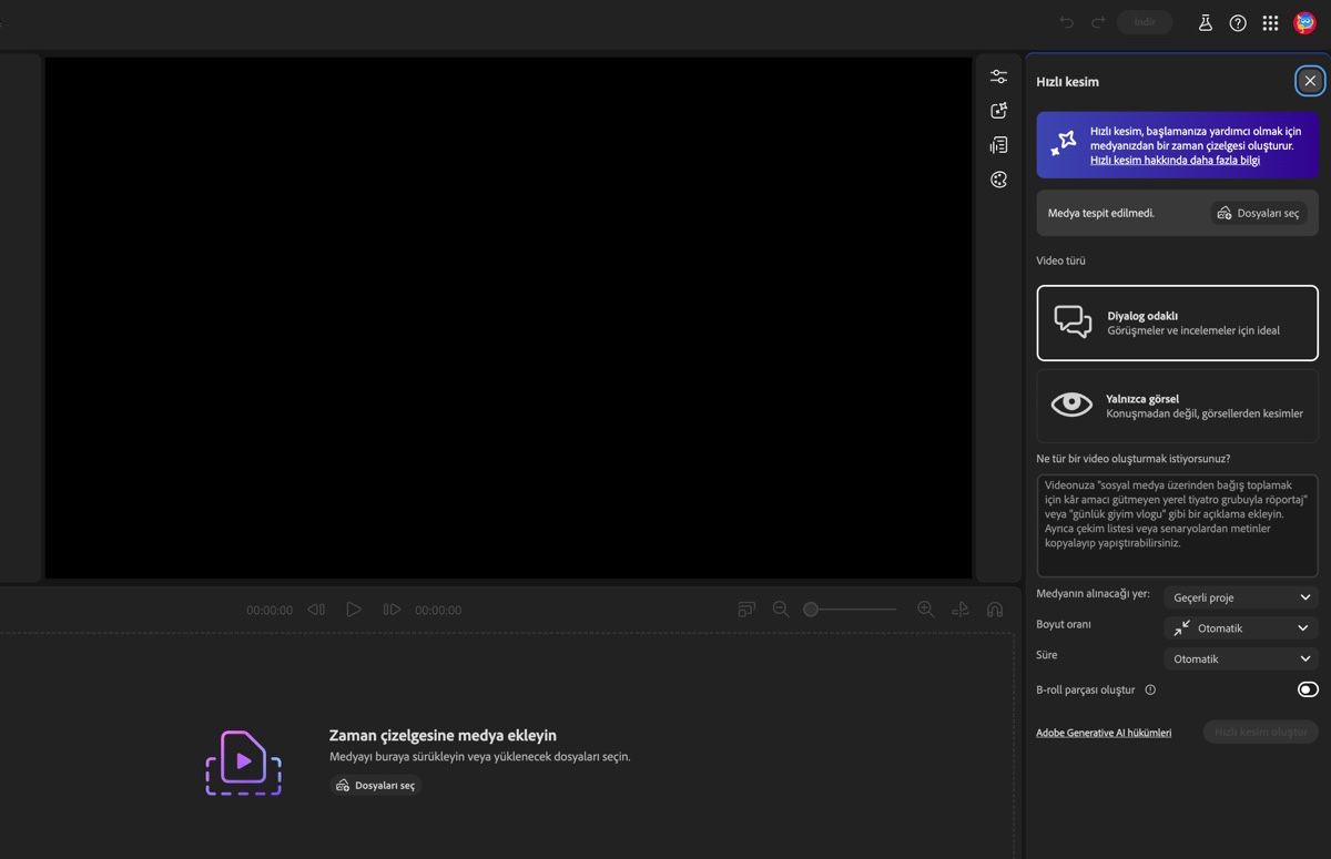 Firefly video düzenleyici Asistanı açıktır ve kaba kesim oluşturma ayarlarını belirlemek ve istem eklemek için seçenekler vardır.